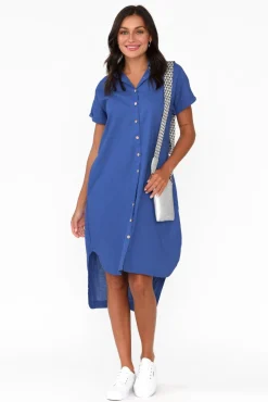 Linen Dresses<Cali and Co Mareli Cobalt Linen Blend Dress