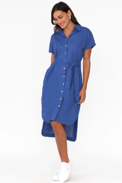 Linen Dresses<Cali and Co Mareli Cobalt Linen Blend Dress