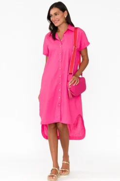 Linen Dresses<Cali and Co Mareli Hot Pink Linen Blend Dress