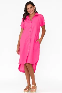 Linen Dresses<Cali and Co Mareli Hot Pink Linen Blend Dress