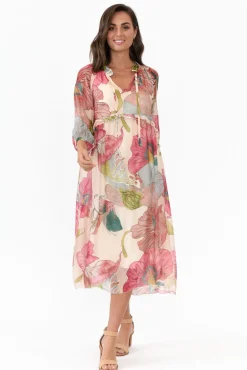 Midi Dresses<La Strada Maribel Pink Flower Silk Dress