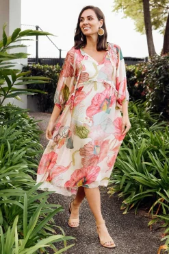 Midi Dresses<La Strada Maribel Pink Flower Silk Dress