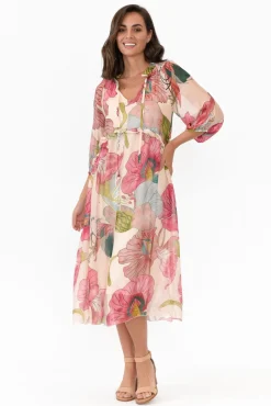 Midi Dresses<La Strada Maribel Pink Flower Silk Dress