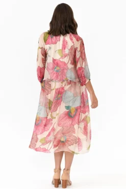 Midi Dresses<La Strada Maribel Pink Flower Silk Dress
