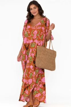 Maxi Dresses<Isabella Boho Marika Rust Tropical Cold Shoulder Kaftan