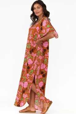 Maxi Dresses<Isabella Boho Marika Rust Tropical Cold Shoulder Kaftan