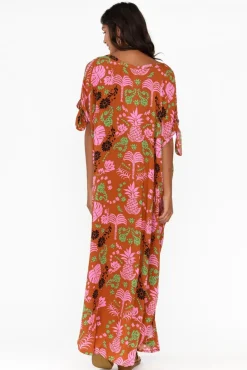 Maxi Dresses<Isabella Boho Marika Rust Tropical Cold Shoulder Kaftan