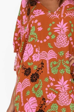 Maxi Dresses<Isabella Boho Marika Rust Tropical Cold Shoulder Kaftan