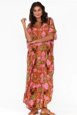Maxi Dresses<Isabella Boho Marika Rust Tropical Cold Shoulder Kaftan