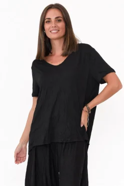 Cotton Tops<Cotton Village Marley Black Crinkle Cotton Short Sleeve Top