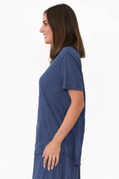 Cotton Tops<Cotton Village Marley Navy Crinkle Cotton Short Sleeve Top