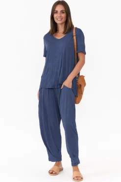 Cotton Tops<Cotton Village Marley Navy Crinkle Cotton Short Sleeve Top