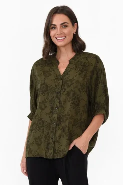 Sleeved Tops<Willow Tree Marsden Khaki Garden Button Top