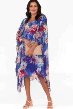 Below Knee Dresses<AE Luxe Marybeth Cobalt Floral Silk Kaftan