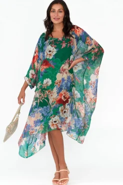 Below Knee Dresses<AE Luxe Marybeth Green Floral Silk Kaftan