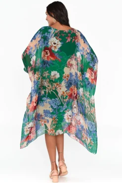 Below Knee Dresses<AE Luxe Marybeth Green Floral Silk Kaftan