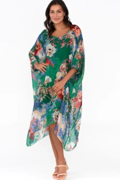 Below Knee Dresses<AE Luxe Marybeth Green Floral Silk Kaftan