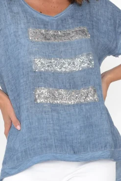 Linen Tops<La Strada Maryellen Blue Sequin Linen Top