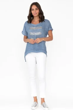 Linen Tops<La Strada Maryellen Blue Sequin Linen Top