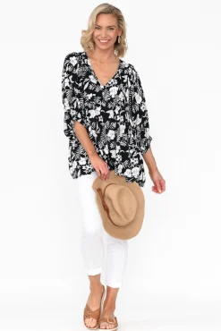 Sleeved Tops<New U Collection Marylee Navy Garden Gathered Top