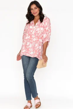 Sleeved Tops<New U Collection Marylee Pink Garden Gathered Top