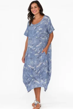 Linen Dresses<Cali and Co Mattie Blue Bird Linen Dress