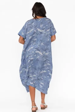 Linen Dresses<Cali and Co Mattie Blue Bird Linen Dress