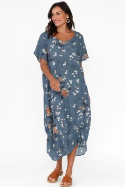 Linen Dresses<Cali and Co Mattie Blue Floral Linen Dress