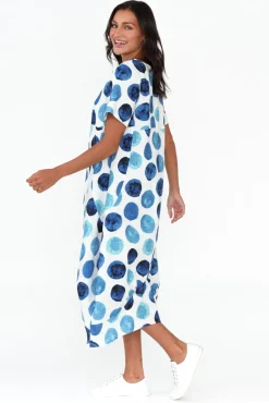 Linen Dresses<Cali and Co Mattie Blue Spot Linen Dress