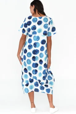 Linen Dresses<Cali and Co Mattie Blue Spot Linen Dress