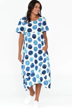 Linen Dresses<Cali and Co Mattie Blue Spot Linen Dress
