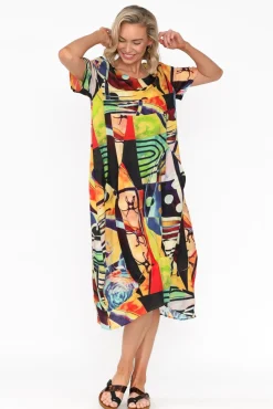 Linen Dresses<Cali and Co Mattie Green Abstract Linen Dress