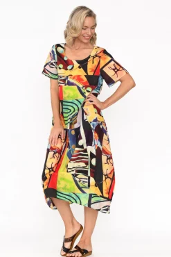 Linen Dresses<Cali and Co Mattie Green Abstract Linen Dress