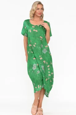 Linen Dresses<Cali and Co Mattie Green Blossom Linen Dress