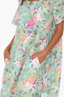 Linen Dresses<Cali and Co Mattie Mint Abstract Linen Dress