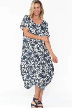Linen Dresses<Cali and Co Mattie Navy Garden Linen Dress