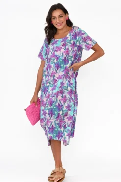 Linen Dresses<Cali and Co Mattie Purple Flower Linen Dress