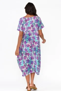 Linen Dresses<Cali and Co Mattie Purple Flower Linen Dress