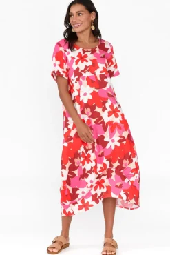 Linen Dresses<Cali and Co Mattie Red Floral Linen Dress