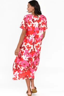 Linen Dresses<Cali and Co Mattie Red Floral Linen Dress