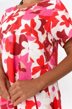 Linen Dresses<Cali and Co Mattie Red Floral Linen Dress