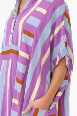 Above Knee Dresses<PQ Maye Purple Stripe V Neck Kaftan