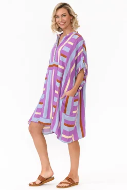 Above Knee Dresses<PQ Maye Purple Stripe V Neck Kaftan