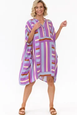 Above Knee Dresses<PQ Maye Purple Stripe V Neck Kaftan