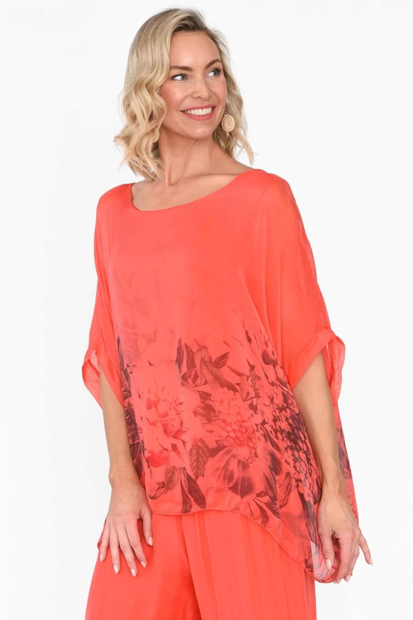 Sleeved Tops<Fabuler Mayer Coral Floral Silk Top