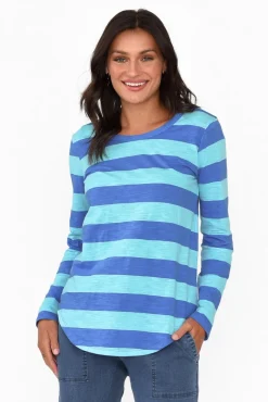 Cotton Tops<Betty Basics Megan Aqua Stripe Cotton Long Sleeve Top