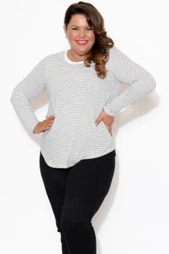 Cotton Tops<Betty Basics Megan White Stripe Long Sleeve Cotton Top