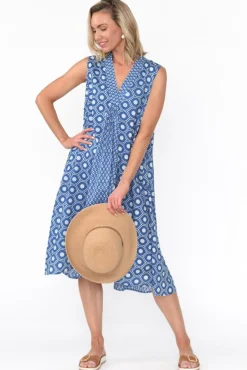 Midi Dresses<Mozaic Melina Blue Circle Cotton Dress
