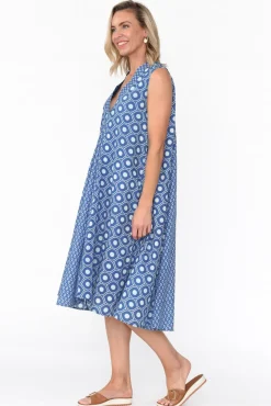 Midi Dresses<Mozaic Melina Blue Circle Cotton Dress