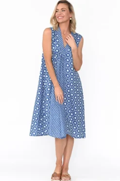 Midi Dresses<Mozaic Melina Blue Circle Cotton Dress
